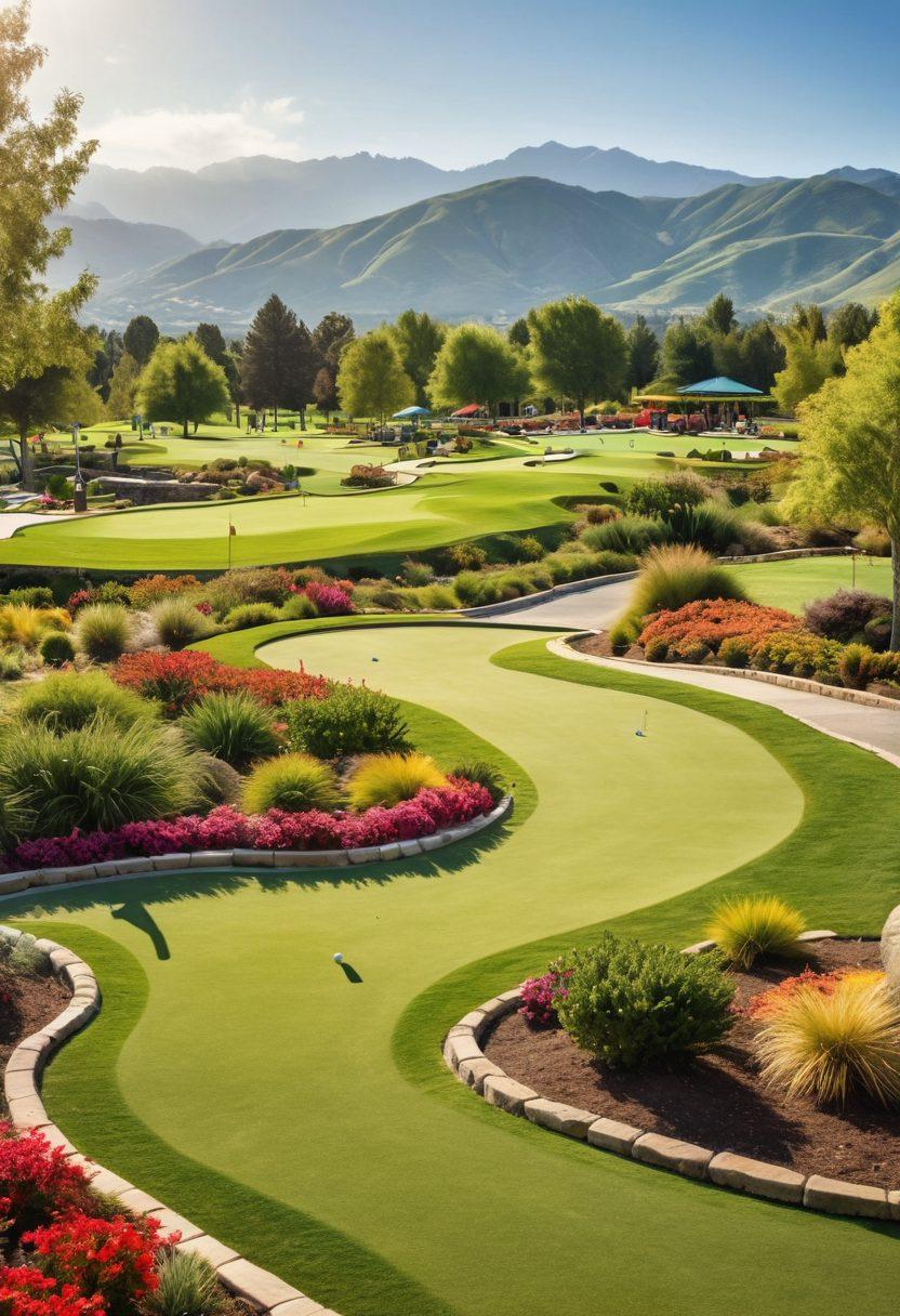 A sunny day at a vibrant golf course filled with families enjoying their time, children playing mini-golf, parents laughing and chatting, beautifully manicured greens, colorful golf carts, and a picturesque backdrop of rolling hills. super-realistic. bright colors. cheerful atmosphere. natural lighting.