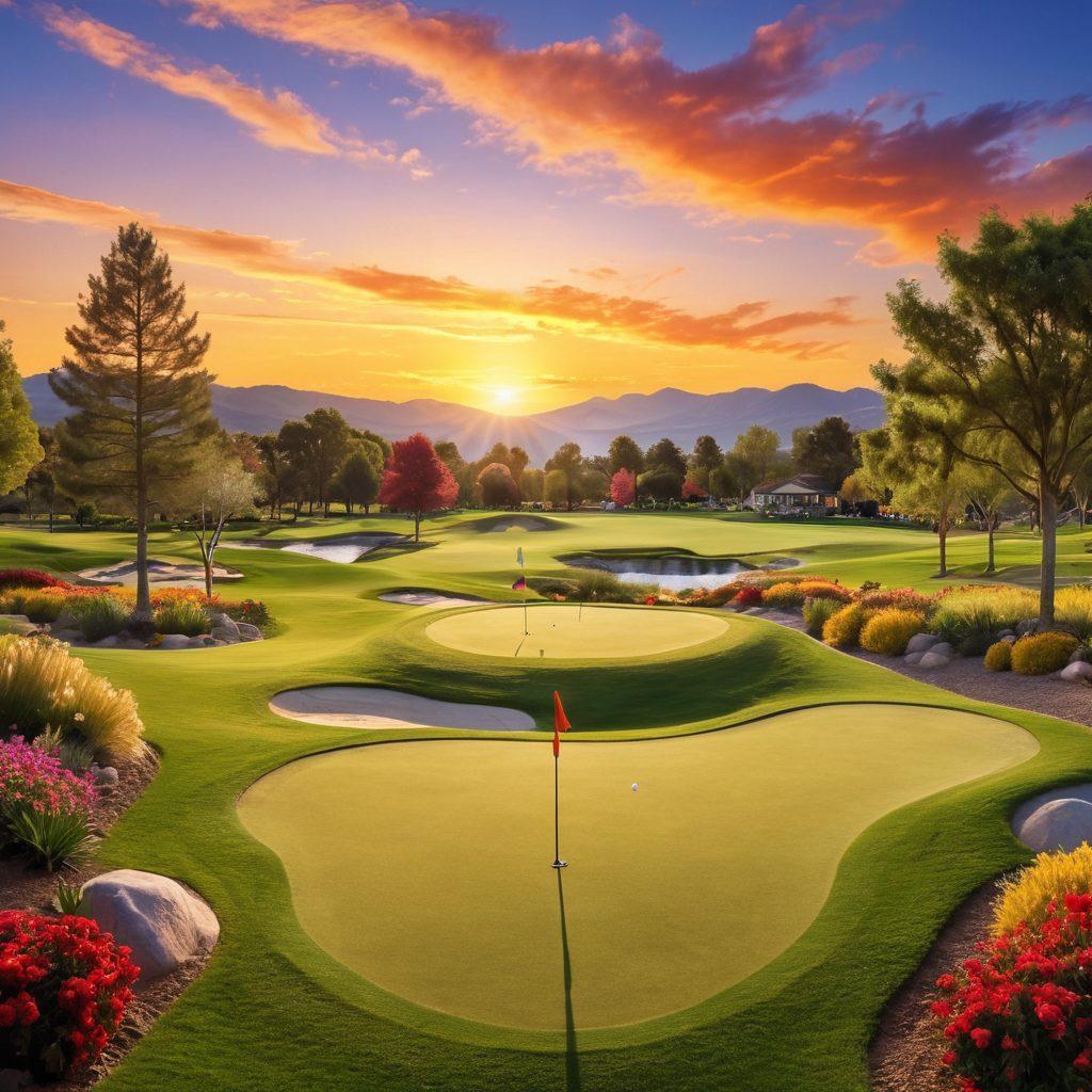 A picturesque golf course at sunset, with families happily playing together on the green, children learning to putt, and parents enjoying the view. Include vibrant colors in the sky with playful golf-themed decorations. Capture joyful moments, laughter, and togetherness amidst the scenic landscape. super-realistic. vibrant colors. warm tones.