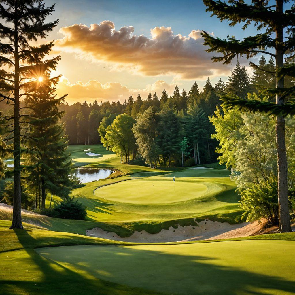 A scenic view of a lush green golf course at Overlake Golf, where a golfer swings joyfully, capturing the essence of happiness in the moment. Bright sunlight filters through the trees, illuminating the vibrant landscape and creating a warm, inviting atmosphere. Include playful elements like butterflies or cheerful clouds in the sky to enhance the sense of joy and freedom. super-realistic. vibrant colors. soft focus.